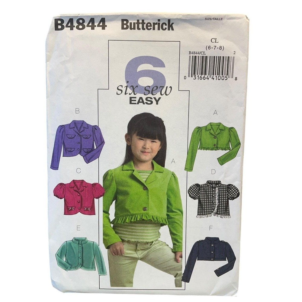 Butterick Jacket Sewing Pattern Girls Size 6-7-8 B4844 Easy Unlined Cropped